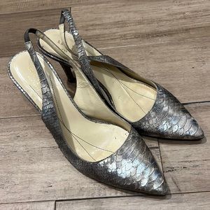 KATE SPADE LIZA Silver Python Print Leather Designer Pointed Slingbacks size 9